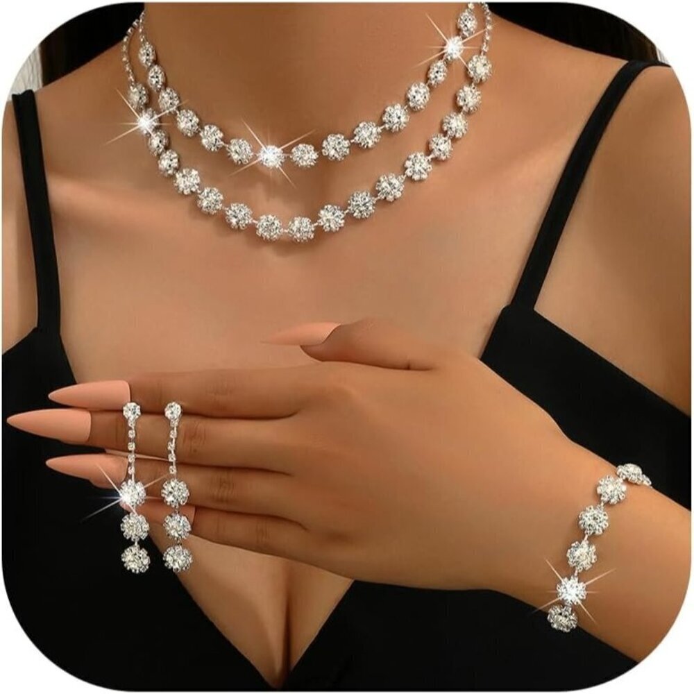 🆕 Choice Of All Prom Bridal Necklace Women Silver Crystal WeddingChoker Jewelry